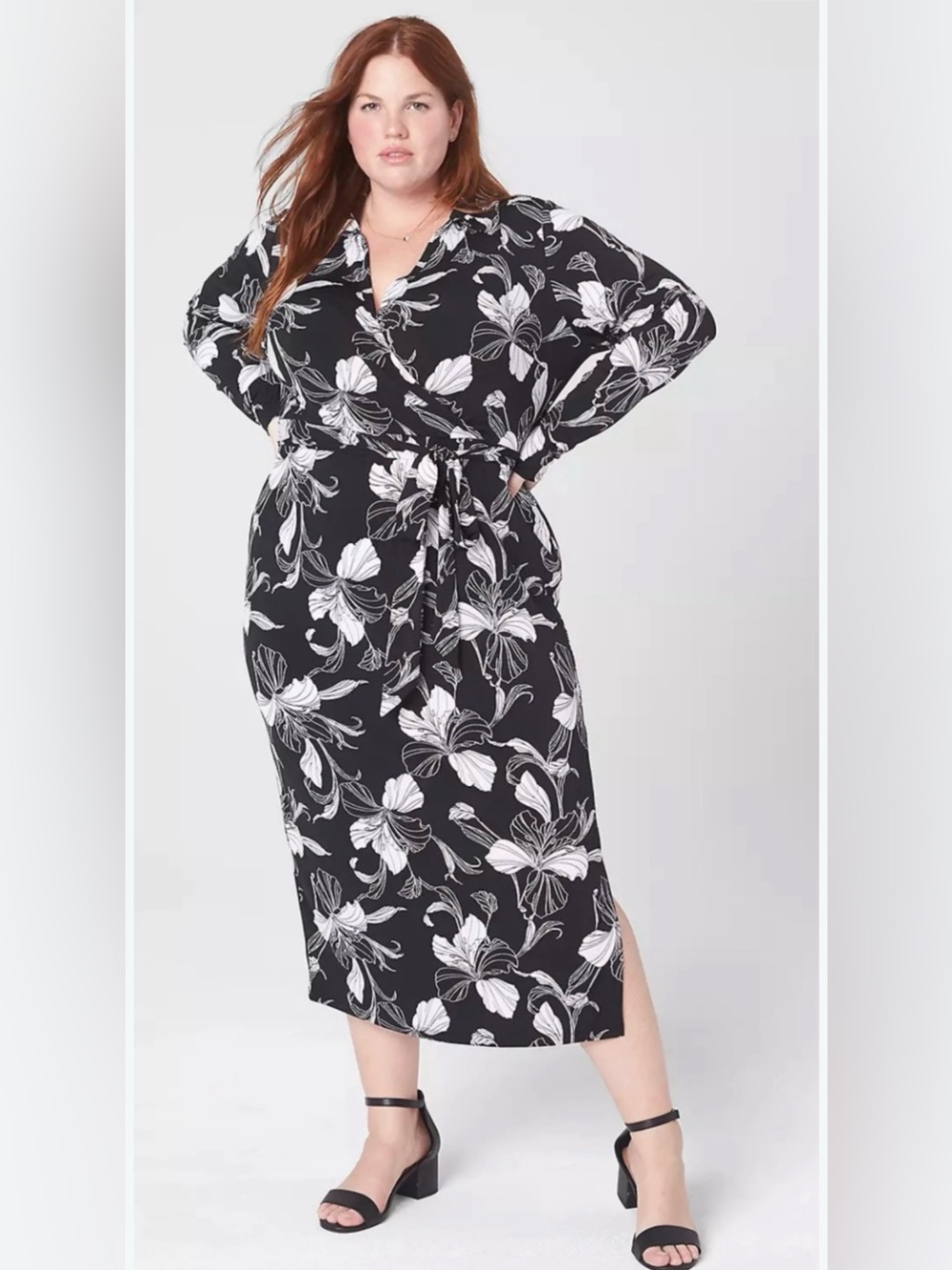 LANE BRYANT MIDI DRESS, FAUX WRAP, BLACK & WHITE FLORAL, LONG SLEEVE, 22/24, NWT